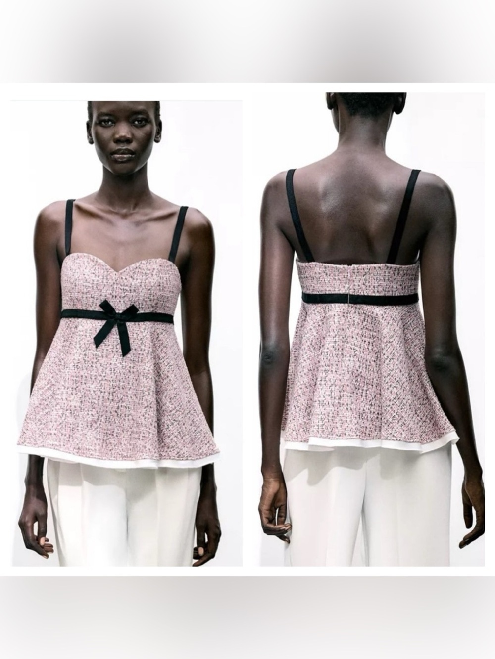 Zara Pink  Bow-Accent Tweed Peplum Tank Top size M NWT